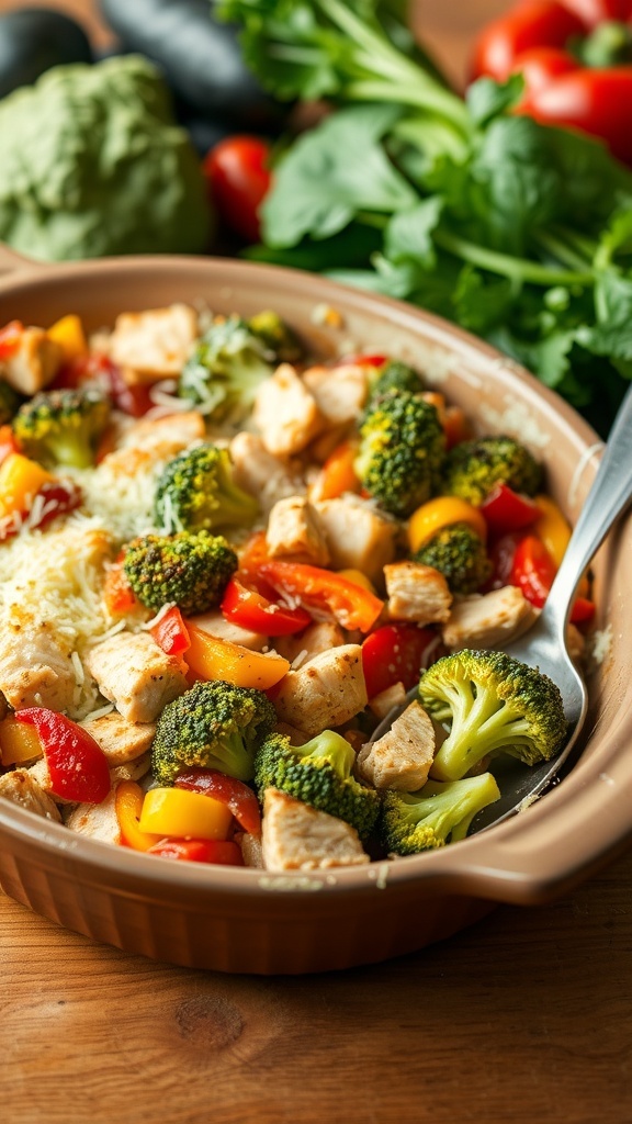 Healthy chicken and vegetable casserole with broccoli and bell peppers, served in a rustic dish.